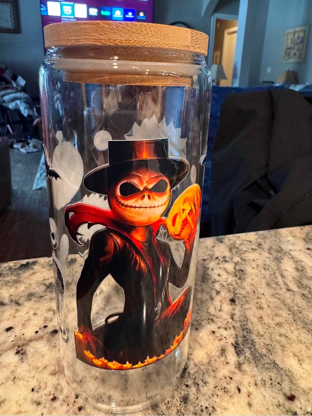 Halloween Skull Glass Canister Orange Accents and Wood Lid no straw NEW IN BOX